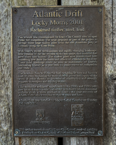 Atlantic Drift (plaque) (1998) Salvaged timber, steel, lead.&nbsp;Derry City Council Offices&nbsp;