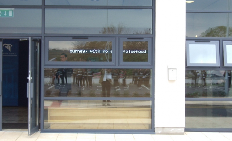 The first judgement of Ireland (2005) LED electronic panel, bronze cast lettering. Ballyshannon courthouse. Co. Donegal