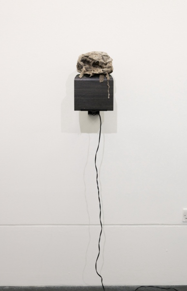 Up to a hundred (2000) 400 x 230 x 300mm. Found object (football) hi-fi speaker, speaker bracket, audio (16 min loop)&nbsp;