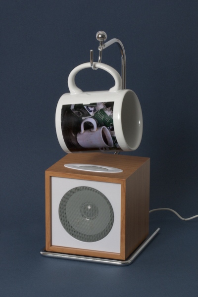 Locky Morris Teabreakdowns &nbsp;(2007 reconfigured 2016) (detail) Printed mug, clock radio speaker, metal stand, A4 show-cards, artists&rsquo; studio table, audio loop
