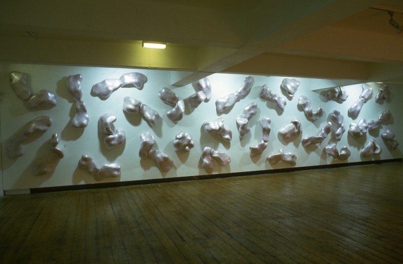 Comm (1992) variable dimensions. Toilet paper Papier mache, cling film, ink, sealed with flame. Collection Irish Museum of Modern Art (view Cornerhouse Manchester 1992)