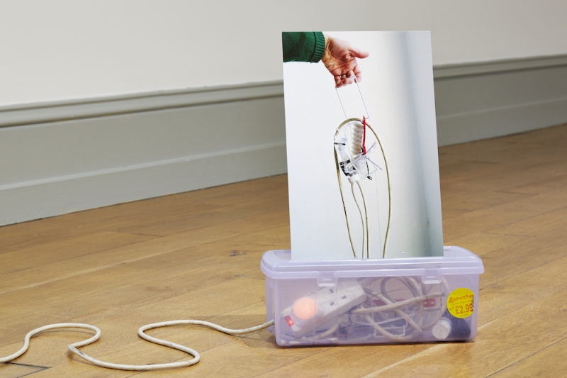 First Thing (2012) variable dimensions. A4 mounted photograph, plate stand, 5 litre &pound;stretcher utility box, spool of thread, plastic strips for wall plugs, wall plugs, cable ties, small plate stand, 4&nbsp;gang extension lead, night light (mini plug-in), cotton buds, acrylic paint tube, connector strips, decorating clips